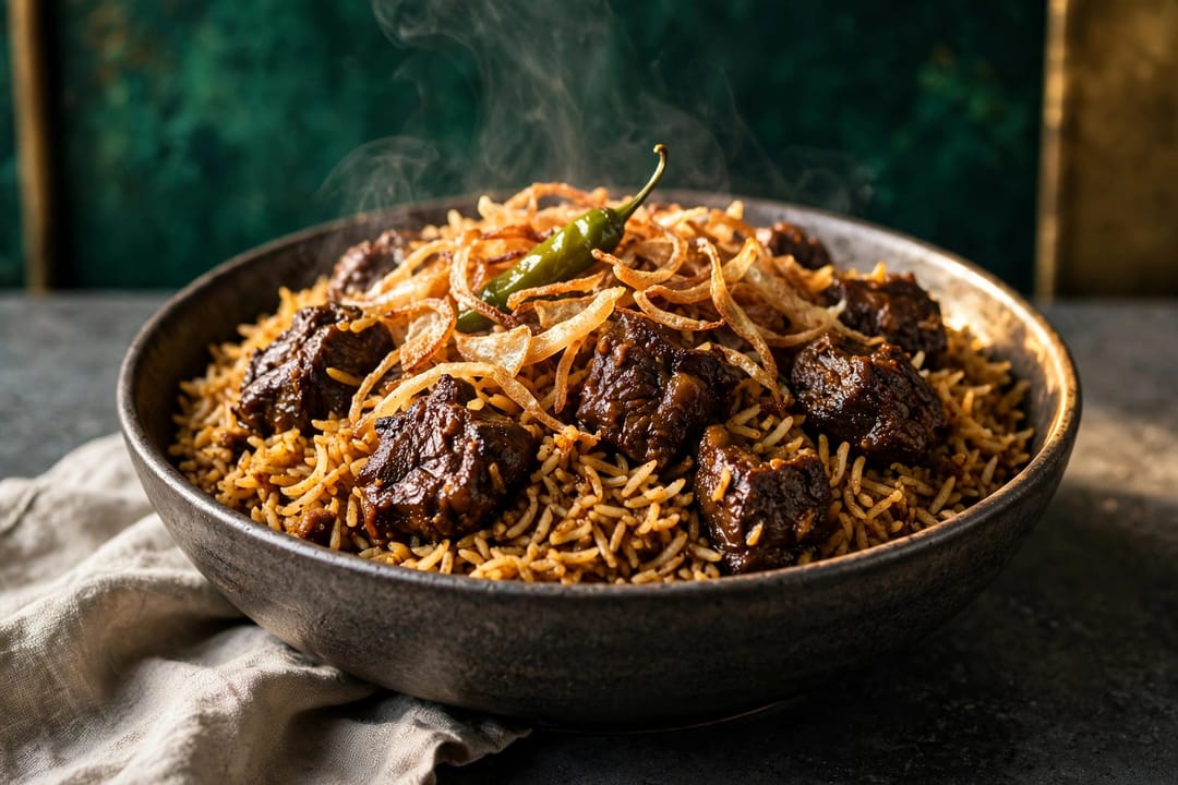 Beef biryani: dark beef over saffron rice, topped with fried onions and a green chilli.