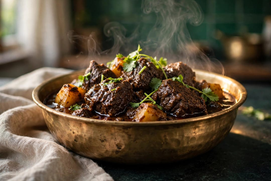 Dark beef curry with potato in a brass bowl, topped with coriander.