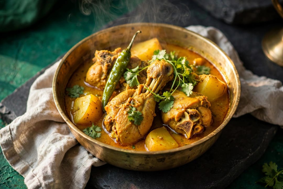 Bone-in chicken and potato in a golden gravy with green chilli and coriander.