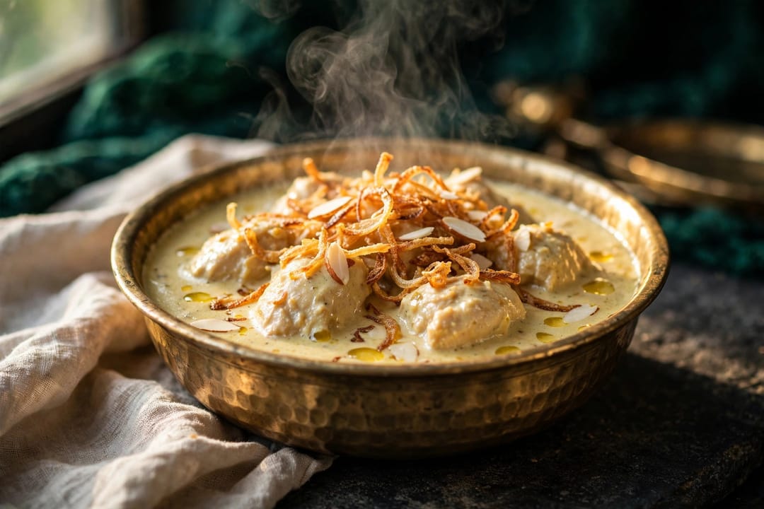 Pale, creamy korma with chicken, almond flakes, fried onion and a drizzle of ghee.