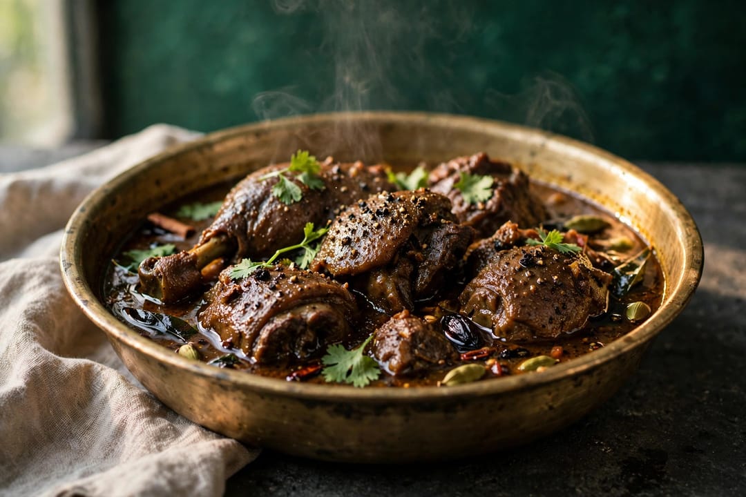 Dark duck curry with cinnamon, cardamom and dried chilli, finished with coriander.