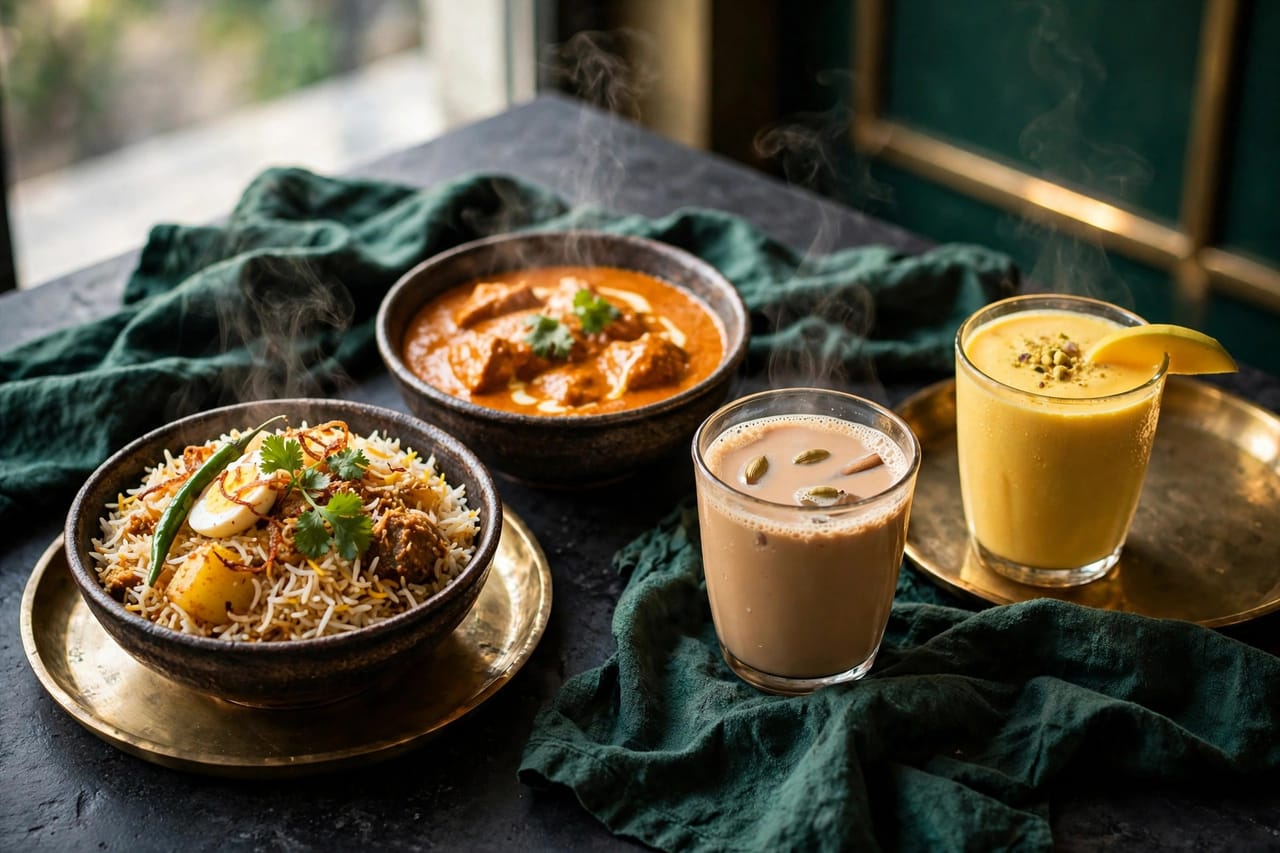 A table spread at Osthir Flavours, a bowl of biryani, a bowl of creamy korma, spiced tea and mango lassi on brass trays with emerald linen.