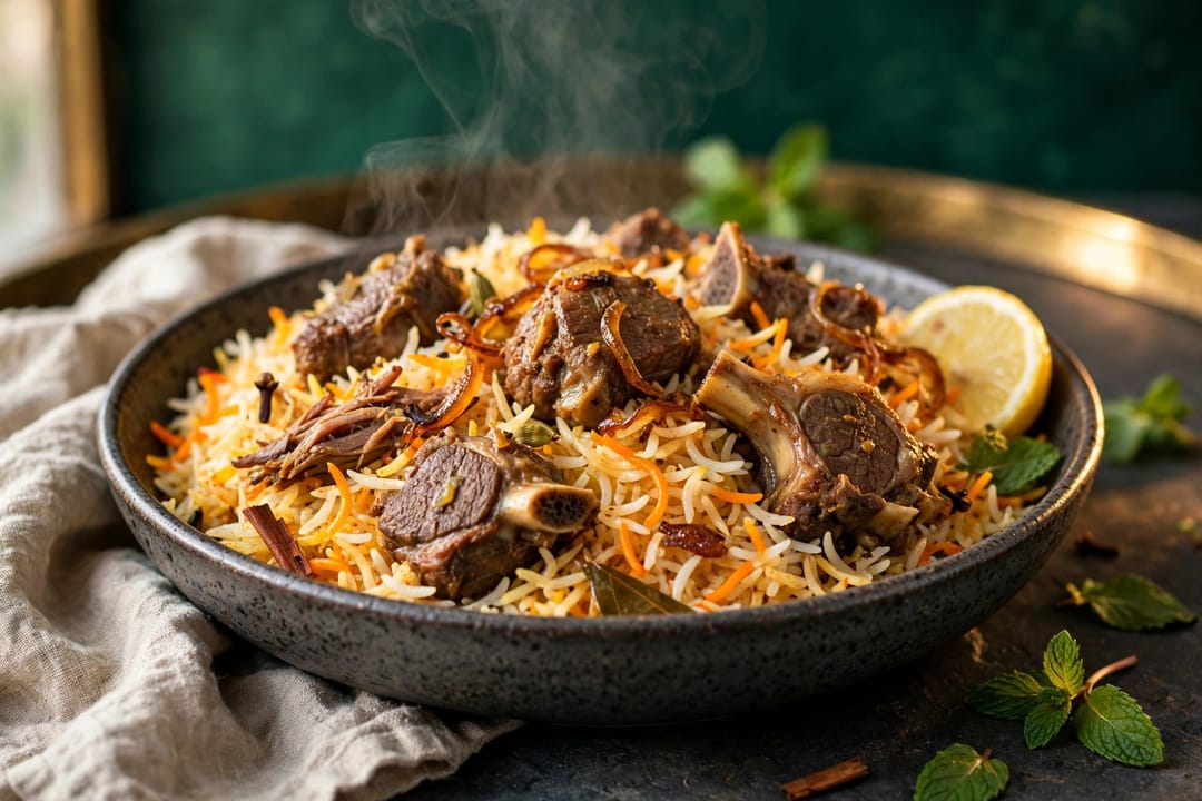 Lamb on the bone over saffron and carrot rice, with lemon, mint, cinnamon and bay.