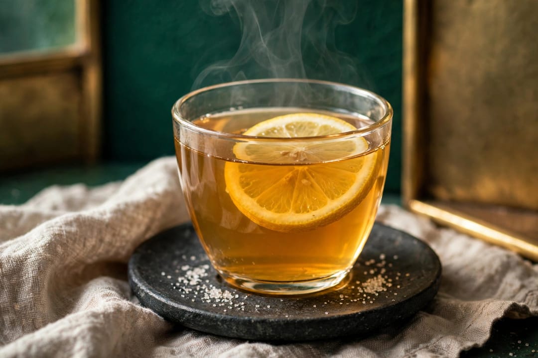 Hot lemon tea in a clear glass with a slice of lemon.