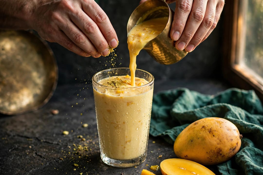 Thick mango lassi poured into a tall glass, dusted with pistachio.