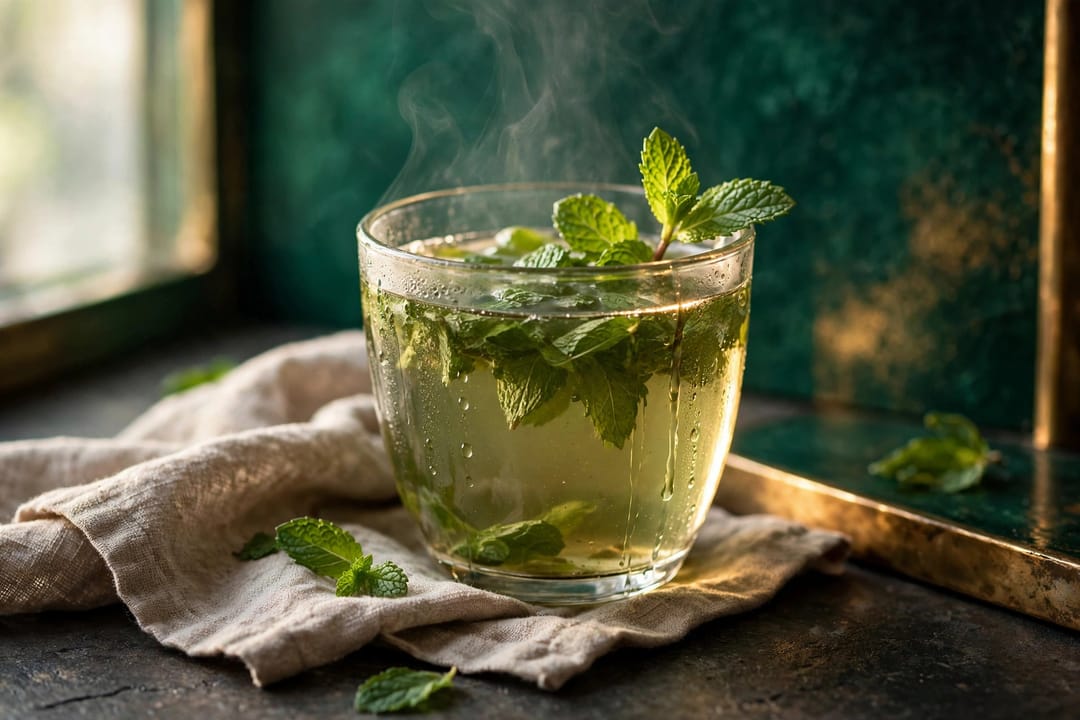 Mint tea in a clear glass, packed with fresh mint leaves.