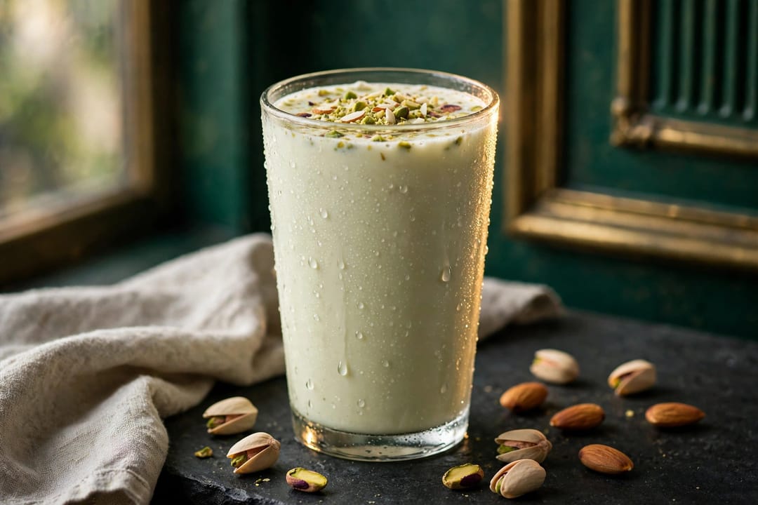 Pistachio badam milk in a tall glass, topped with chopped pistachio and almond.