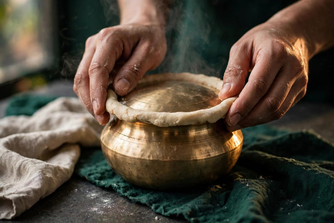 Hands pressing a ring of dough around the rim of a brass handi pot to seal it for dum cooking.