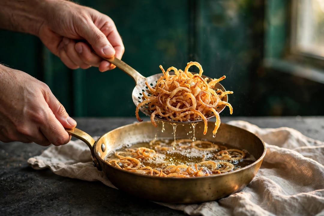 Crisp fried onions lifted from a brass pan on a slotted spoon, oil dripping back into the pan.