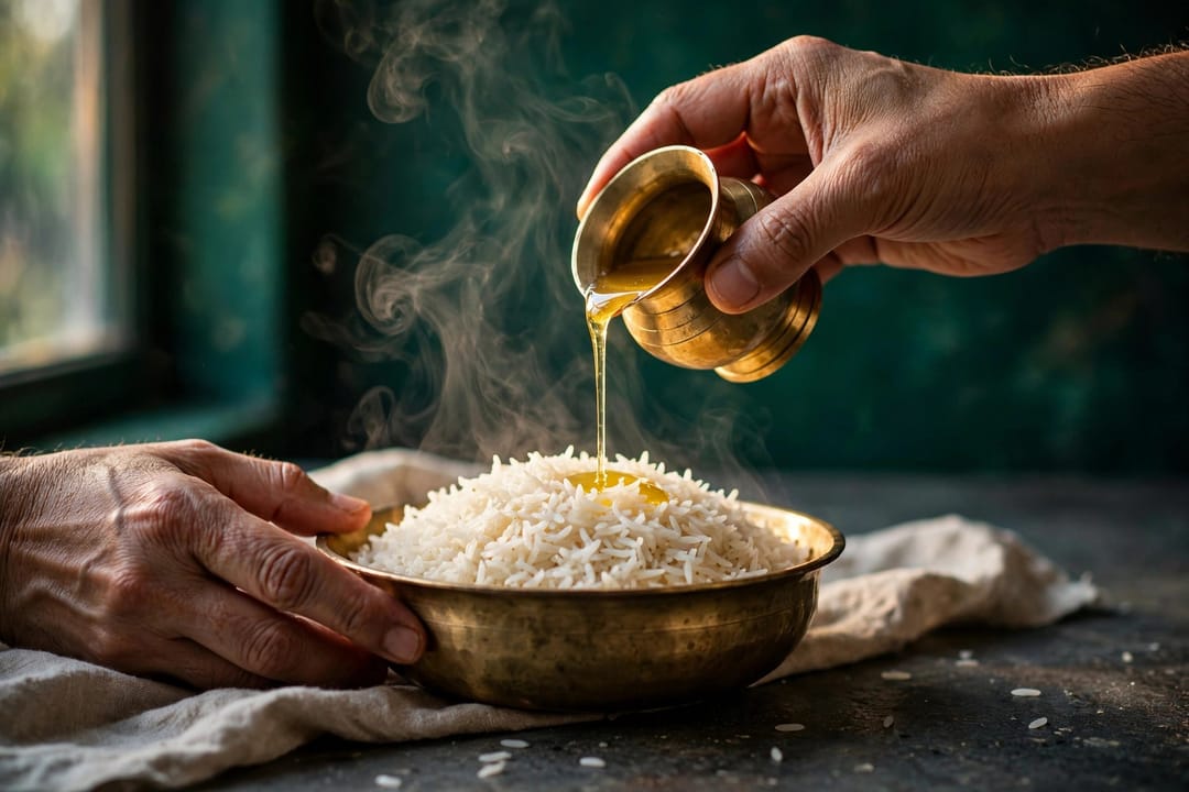 Melted ghee poured in a thin stream from a small brass cup onto steaming white rice.