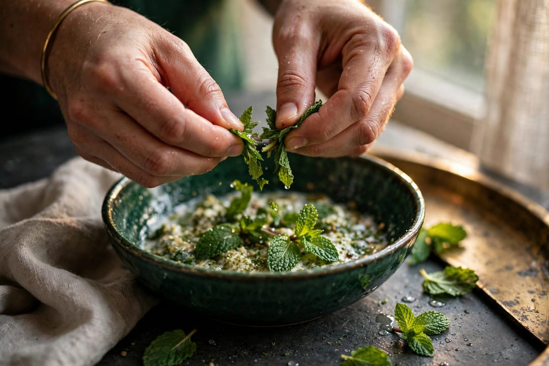 Hands tearing fresh mint leaves over a green ceramic bowl, drops of water on the leaves.
