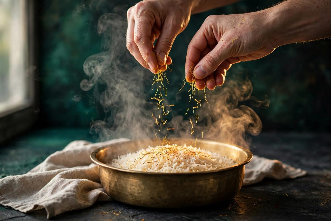 Fingers crumbling saffron threads over a steaming brass bowl of rice, saffron falling through steam.