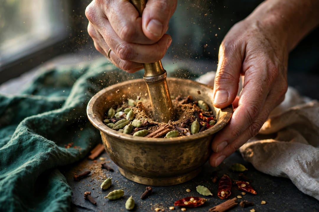 Hands grinding cardamom, cloves, cinnamon and dried chillies in a brass mortar and pestle, spice dust in the air.