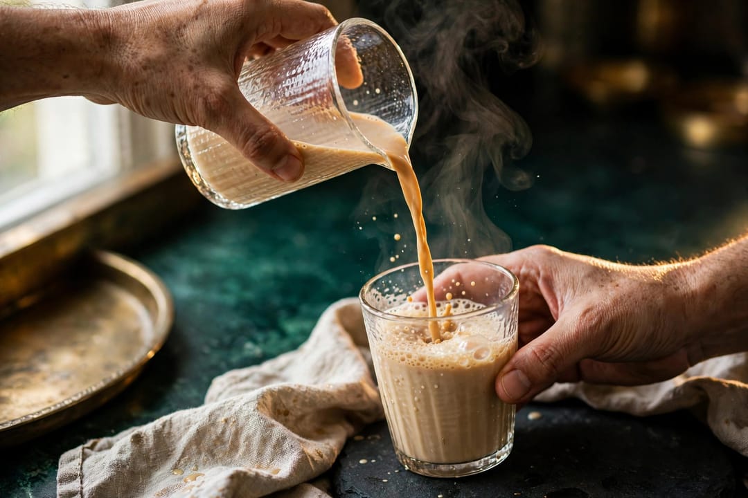 Milky tea poured from a height in a long steaming stream, froth gathering in the glass