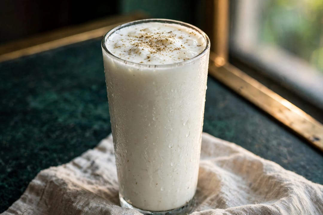 A tall glass of chilled plain lassi, frothy on top, dusted with spice.