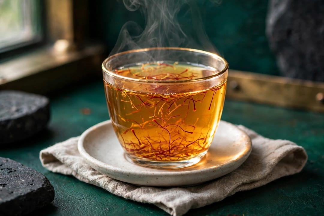 Amber-gold saffron tea in a clear glass, saffron threads visible.